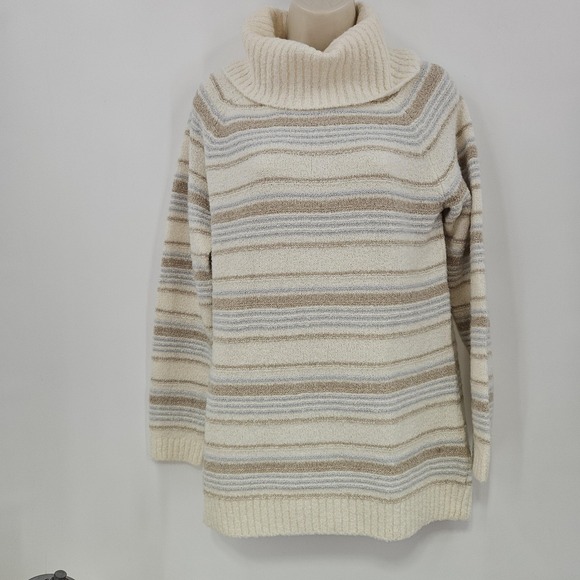 LL Bean Sweater Women M Cream Stripe Cowl Turtleneck Wool Blend Cozy Cabincore - Picture 11 of 11